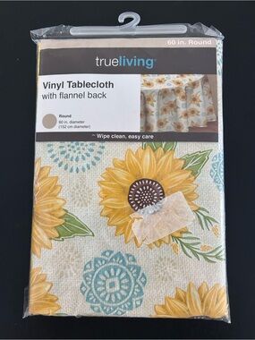 TrueLiving Sunflower Vinyl Tablecloth Flannel Back Round 60" Diameter New
